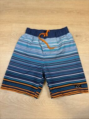 Big Chill Boys Blue Stripe Swim Trunks with Orange Drawcord